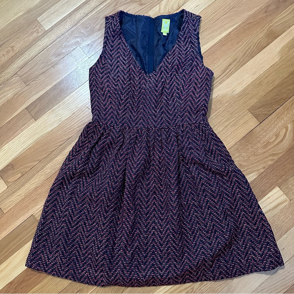 QMack Women’s Herringbone V Neck Sleeveless Fit&Flare Dress size 6 w/ Pockets